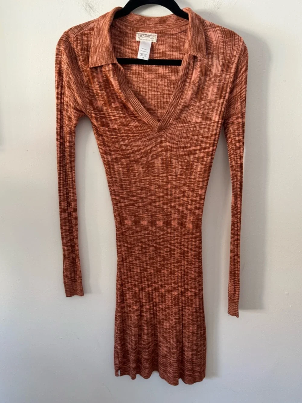 l*space Aria Rust Collared V-Neck Long Sleeve Knit Cover-up Dress Small